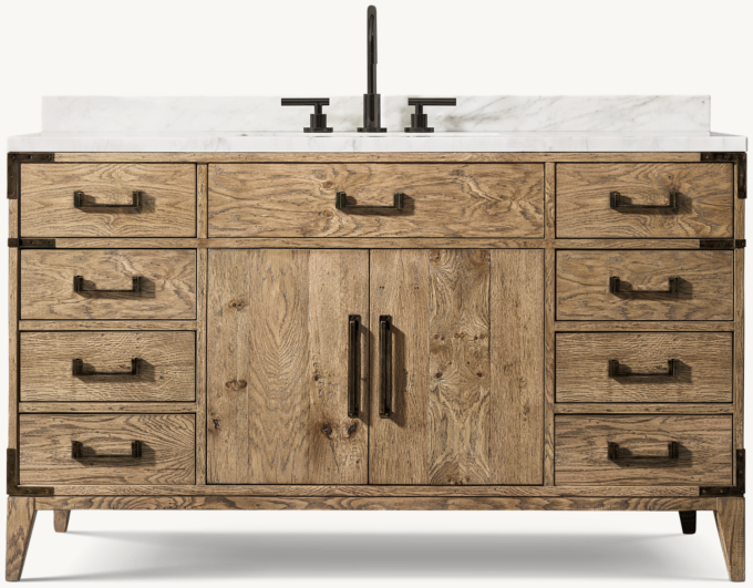Shown in Waxed Natural Oak/Bronze with Italian Calacatta Marble countertop. Featured with Lambeth Smooth Lever-Handle 8&#34; Widespread Gooseneck Faucet.
