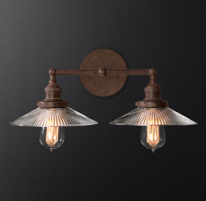 20th C. Factory Filament Ribbed Glass Double Sconce