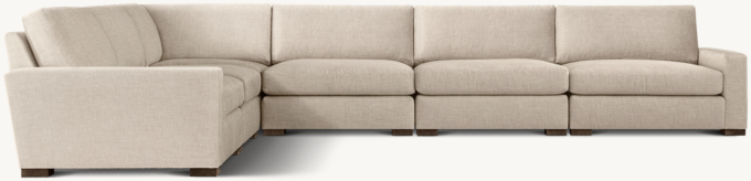 Shown in Sand Classic Belgian Linen; sectional consists of 1 left-arm chair, 3 armless chairs, 1 corner chair and 1 right-arm chair. Cushion configuration may vary by component.