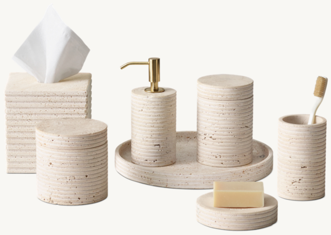 Ribbed Italian Travertine Bath Accessories - Bianco With Polished Brass Accents