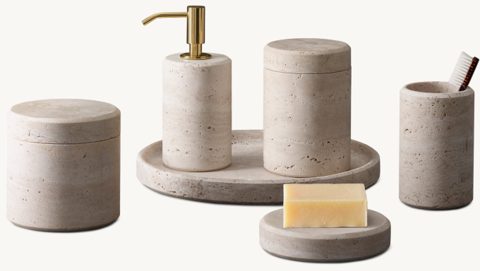 Italian Travertine Bath Accessories - Bianco with Polished Brass Accents