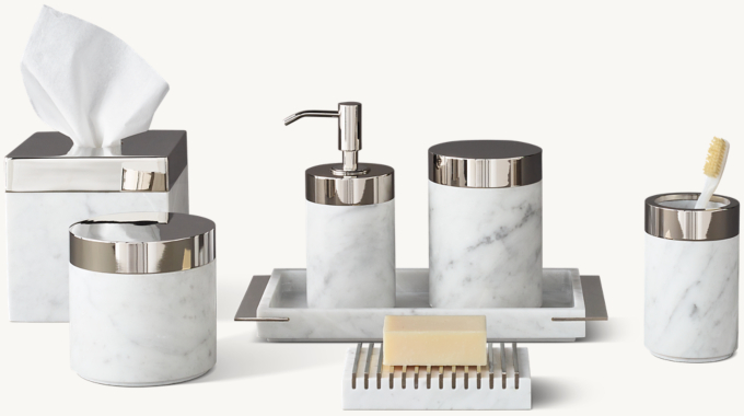 Italian Carrara Marble and Metal Bath Accessories 