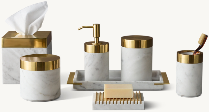 Italian Carrara Marble and Metal Bath Accessories