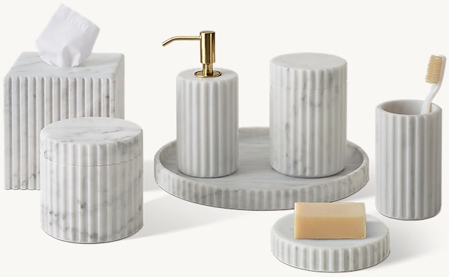 Italian Carrara Fluted Marble Bath Accessories - Polished Brass