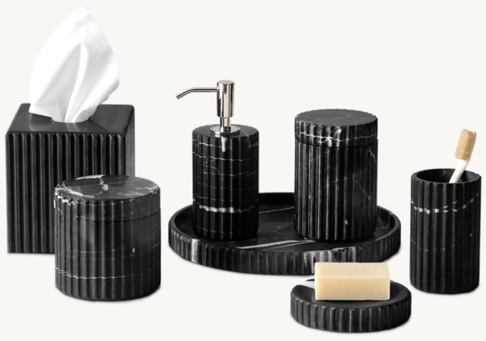 Black Marquina Fluted Marble Bath Accessories - Polished Nickel