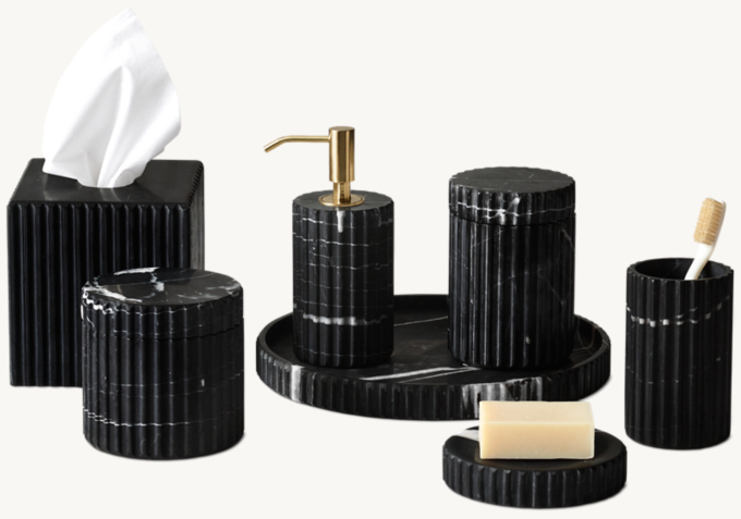 Black Marquina Fluted Marble Bath Accessories - Polished Brass