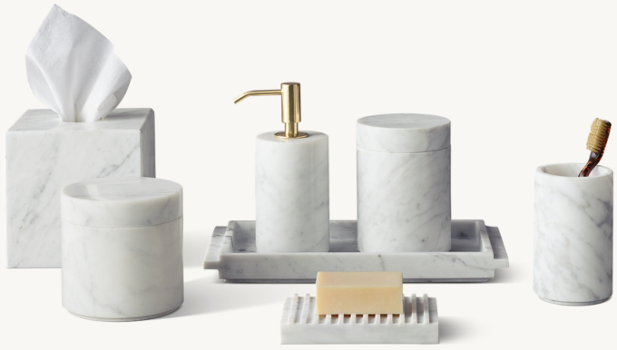 Italian Carrara Marble Bath Accessories - Polished Brass