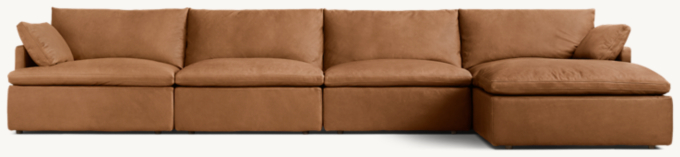 Shown in Cavalo Chestnut; sectional consists of 1 left-arm chair, 2 armless chairs, 1 right-arm chair and 1 end-of-sectional ottoman. Cushion configuration may vary by component.
