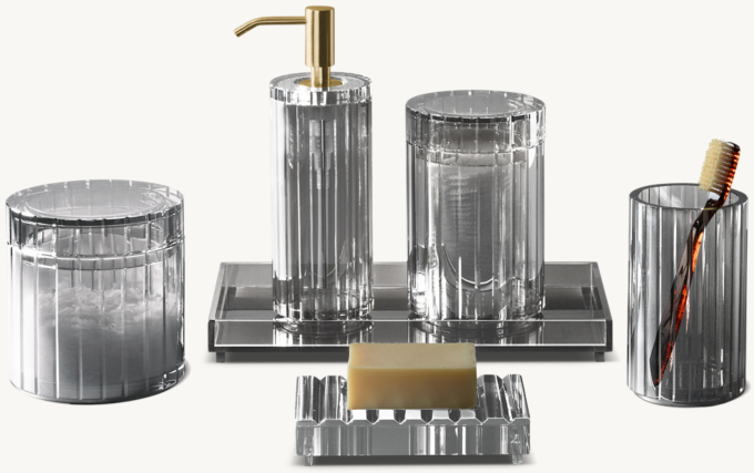 Beveled Crystal Bath Accessories - Smoke with Polished Brass accents 