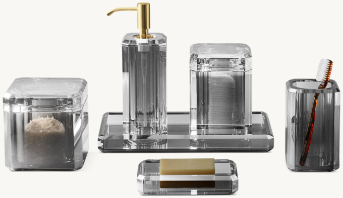 Faceted Crystal Bath Accessories - Smoke with Polished Brass accents