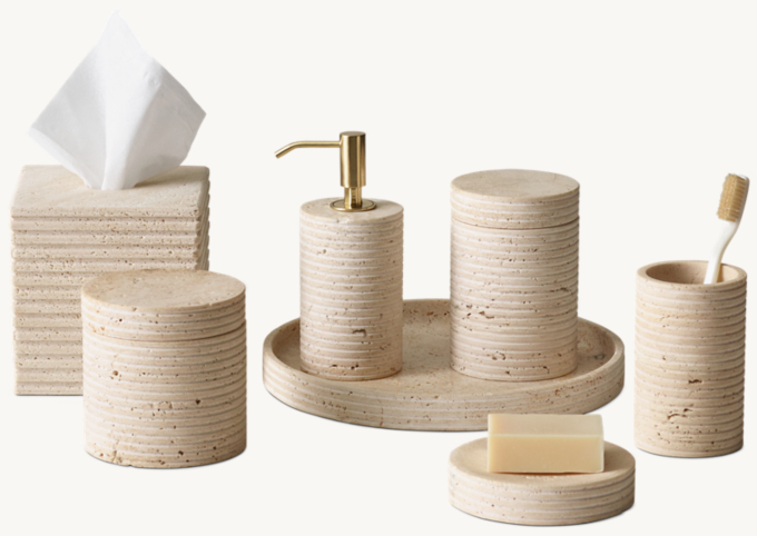 Ribbed Italian Travertine Bath Accessories - Classico With Polished Brass Accents