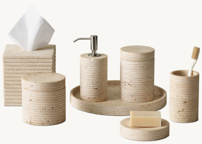 Ribbed Italian Travertine Bath Accessories - Classico With Polished Nickel Accents
