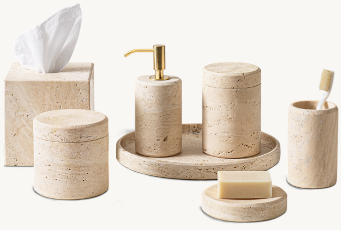 Italian Travertine Bath Accessories - Classico With Polished Brass Accents