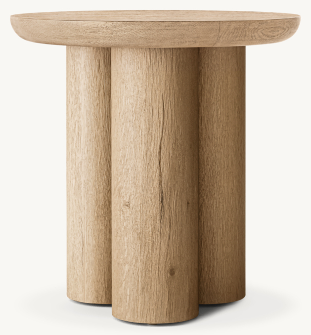 Vue de Face - Oslo - Table D'Appoint Ronde à Pieds Cylindriques - Chêne Grège Vieilli