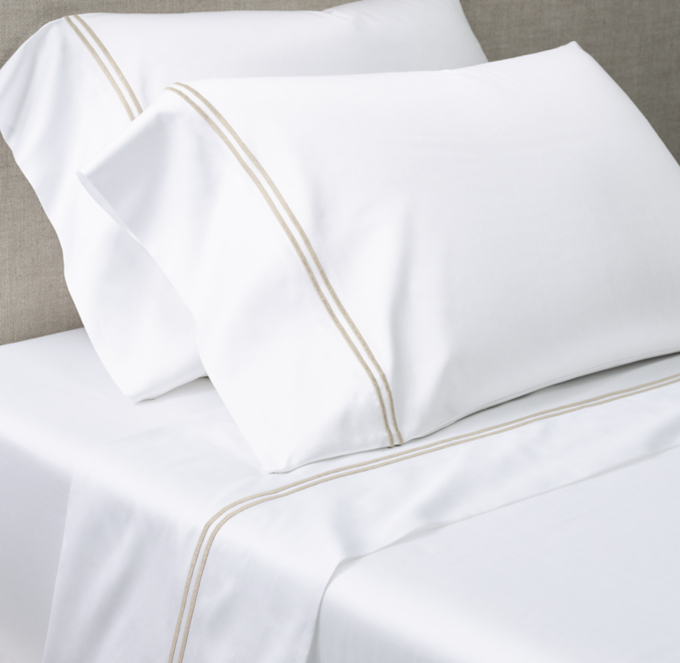 Italian White Hotel Satin Stitch Sheet Set