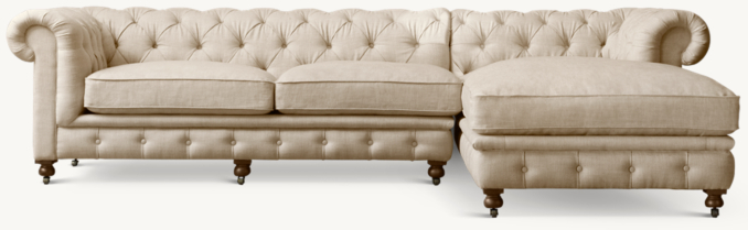 Shown in Sand Belgian Linen; sectional consists of 1 left-arm sofa and 1 right-arm chaise. Cushion configuration may vary by component.