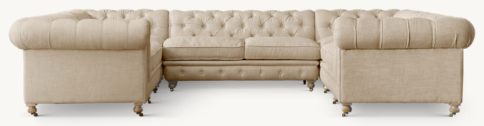 Shown in Sand Belgian Linen; sectional consists of 1 left-arm return sofa, 1 armless sofa and 1 right-arm return sofa. Cushion configuration may vary by component.