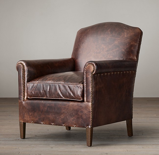 1920s French Camelback Leather Club Chair, Restoration Hardware Leather Chair