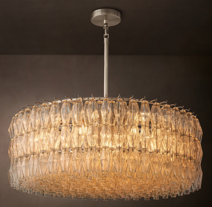 Vue de face - Chiara - Lustre rond en verre transparent 37" - Nickel satiné/Verre transparent