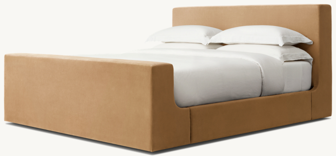 Three Quarter view of Sculptural Fabric Panel Platform Bed With Footboard 