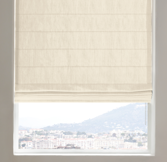 Belgian Heavyweight Textured Linen Tailored Roman Shade shown in Adding Mist, Solid Sand, And Taupe