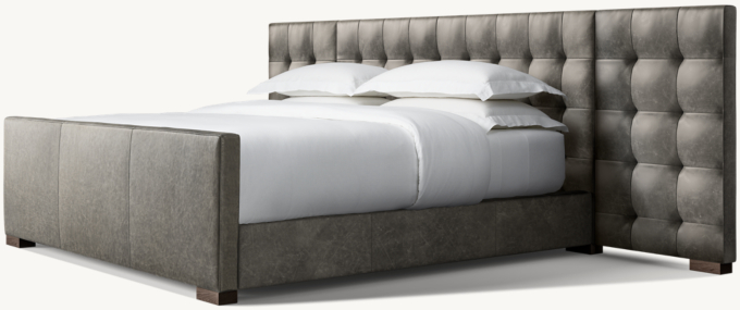 Modena Leather Box-Tufted Extended Panel Platform Bed with Footboard