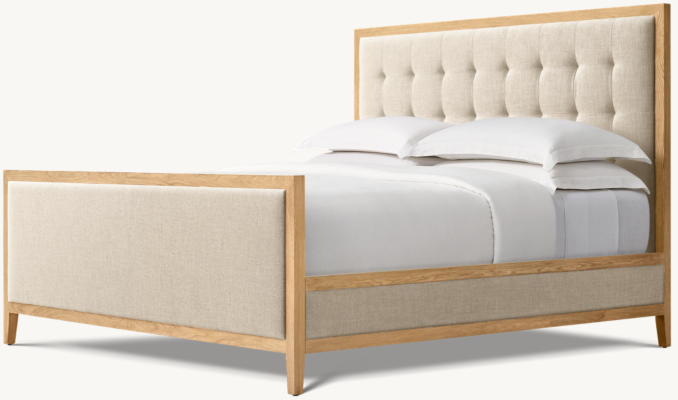 Three Quarter view of French Contemporary Fabric Box-Tufted Panel Bed With Footboard