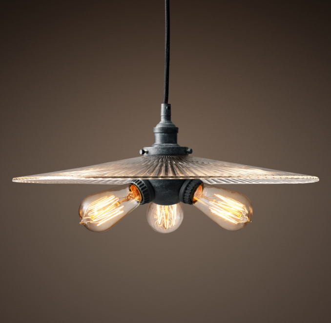 Front view of 20Th C. Factory Filament Ribbed Glass Triple Pendant 