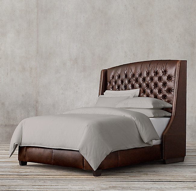 Warner Tufted Leather Bed With Nailheads, Leather Tufted Beds
