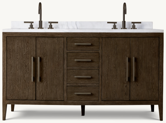 60&#34; vanity shown in Brown Oak/Satin Bronze with Italian Carrara Marble countertop. Featured with Lambeth Smooth Cross-Handle 8&#34; Widespread Faucet.