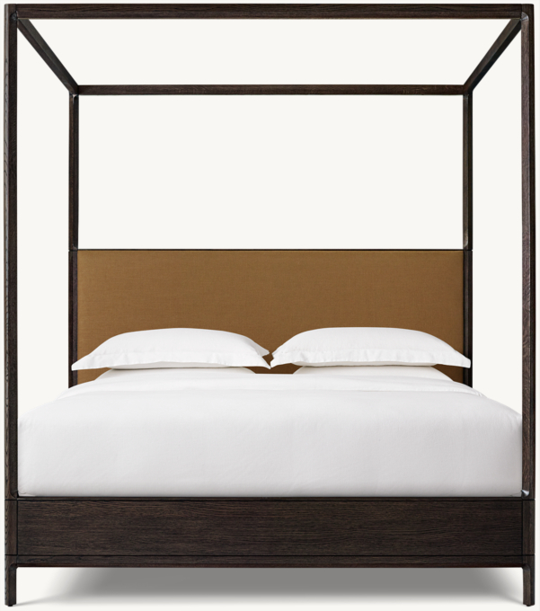 90&#34;H bed shown in Burnt Caramel Performance Linen Weave with Black Oak finish.