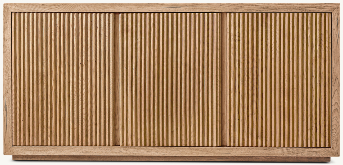 Front view of Reclaimed Oak Reeded Triple-Door Media Console 