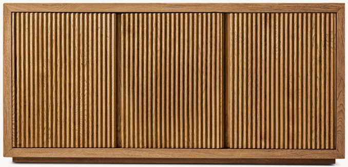 Front view of Reclaimed Oak Reeded Triple-Door Media Console 