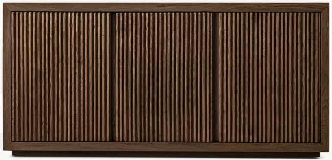 Front view of Reclaimed Oak Reeded Triple-Door Media Console 