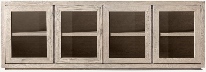 Vue de Face - Reclaimed Oak - Meuble Multimédia Vitré à 4 Portes et Cadre Fin - Chêne Blanchi Récupéré, Verre