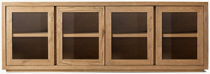 Front view of Reclaimed Oak Thin Frame Glass 4-Door Media Console 