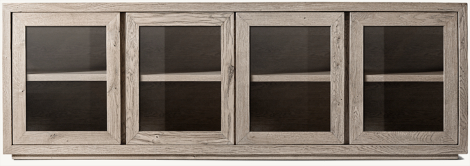 Front view of Reclaimed Oak Thin Frame Glass 4-Door Media Console 