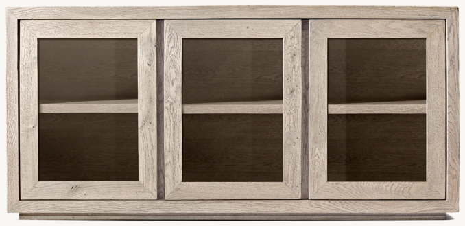 Front view of Reclaimed Oak Thin Frame Glass Triple-Door Media Console 