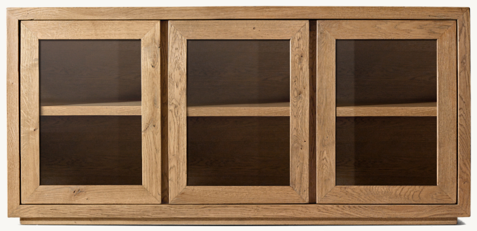 Front view of Reclaimed Oak Thin Frame Glass Triple-Door Media Console 