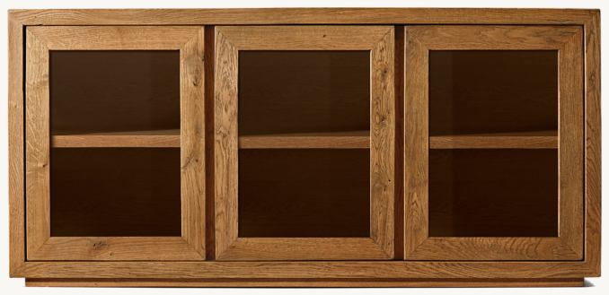 Front view of Reclaimed Oak Thin Frame Glass Triple-Door Media Console 