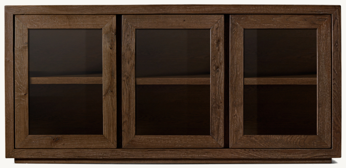 Front view of Reclaimed Oak Thin Frame Glass Triple-Door Media Console 
