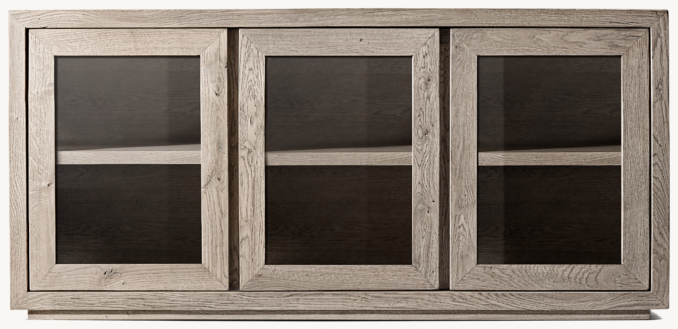 Front view of Reclaimed Oak Thin Frame Glass Triple-Door Media Console 