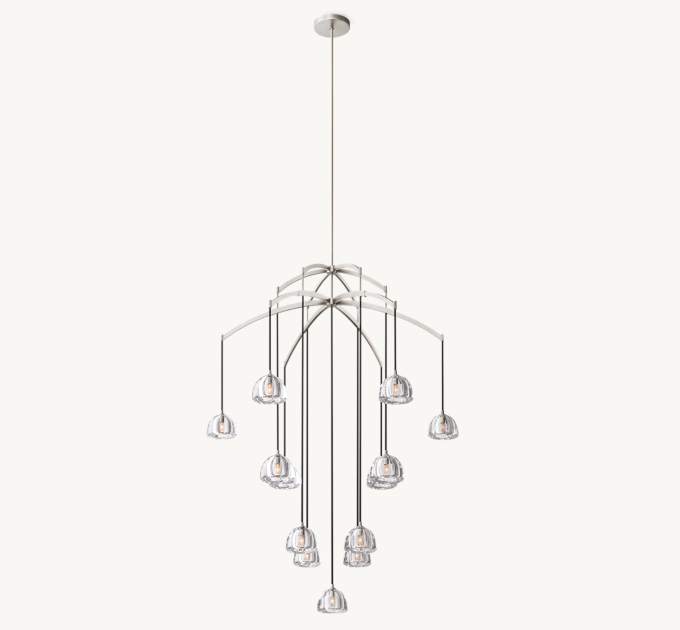 Long chandelier shown in Satin Nickel.