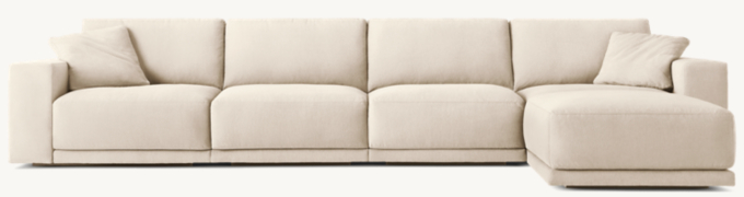 Shown in Natural Performance Linen Weave; sectional consists of 1 left-arm chair, 2 armless chair, 1 right-arm chair and 1 end-of-sectional ottoman. Cushion configuration may vary by component.