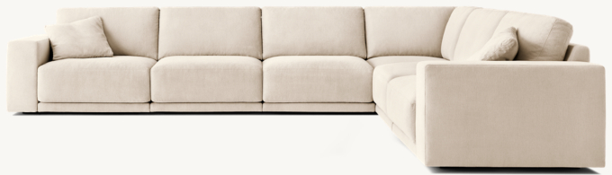 Shown in Natural Performance Linen Weave; sectional consists of 1 left-arm chair, 3 armless chairs, 1 corner chair and 1 right-arm chair. Cushion configuration may vary by component.