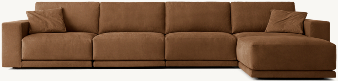 Shown in Italian Veneto Cocoa; sectional consists of 1 left-arm chair, 2 armless chairs, 1 right-arm chair and 1 end-of-sectional ottoman. Cushion configuration may vary by component.