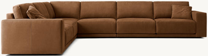 Shown in Italian Veneto Cocoa; sectional consists of 1 left-arm chair, 3 armless chairs, 1 corner chair and 1 right-arm chair. Cushion configuration may vary by component.