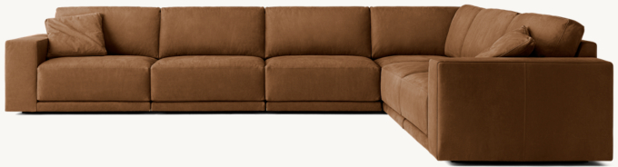 Shown in Italian Veneto Cocoa; sectional consists of 1 left-arm sofa, 1 corner chair and 1 right-arm sofa. Cushion configuration may vary by component.