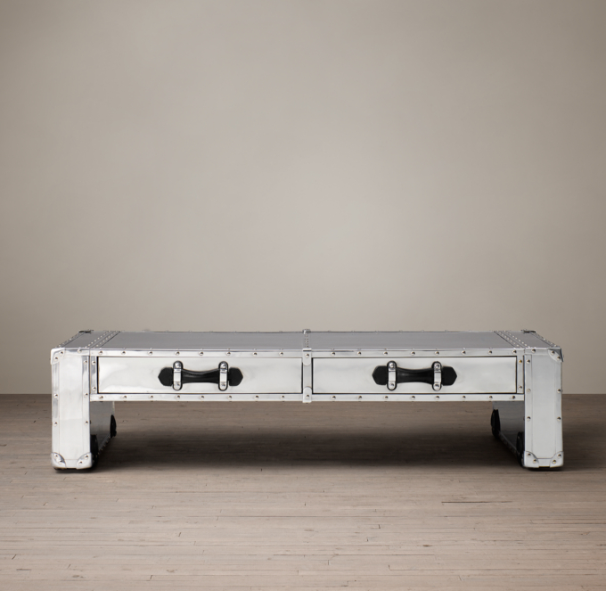 Restoration Hardware Brushed Steel & Leather Steamer Trunk/ Coffee Table