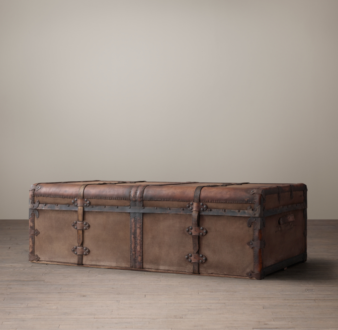 Victorian Leather Elm & Canvas Steamer Trunk Chest Coffee Table